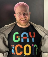 Load image into Gallery viewer, `alt="Gay Icon slogan t-shirt featuring bold text celebrating LGBTQ+ pride and identity"`