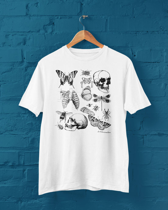 White t-shirt featuring a quirky bones and bugs design, perfect for alternative and spooky style lovers.