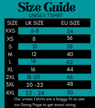 Load image into Gallery viewer, T-Shirt size guide for all unisex tees
